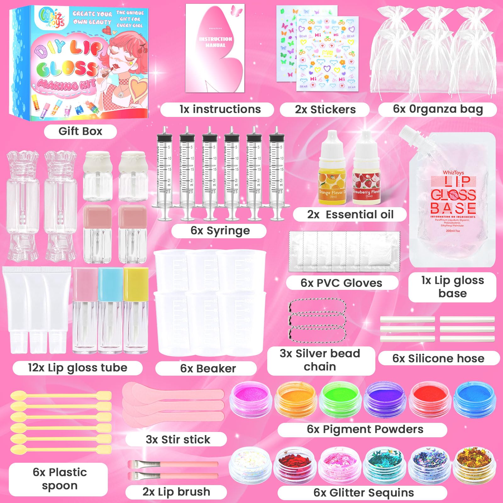 WhizToys 74PCS DIY Lip Gloss Making Kit – Create Your Own Shimmer Lip Glosses (200ml Base)