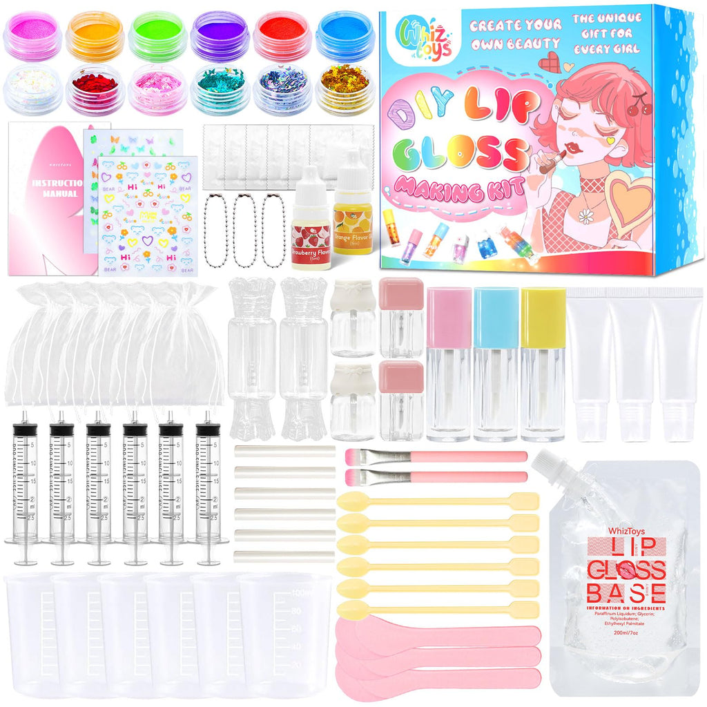 WhizToys 74PCS DIY Lip Gloss Making Kit – Create Your Own Shimmer Lip Glosses (200ml Base)