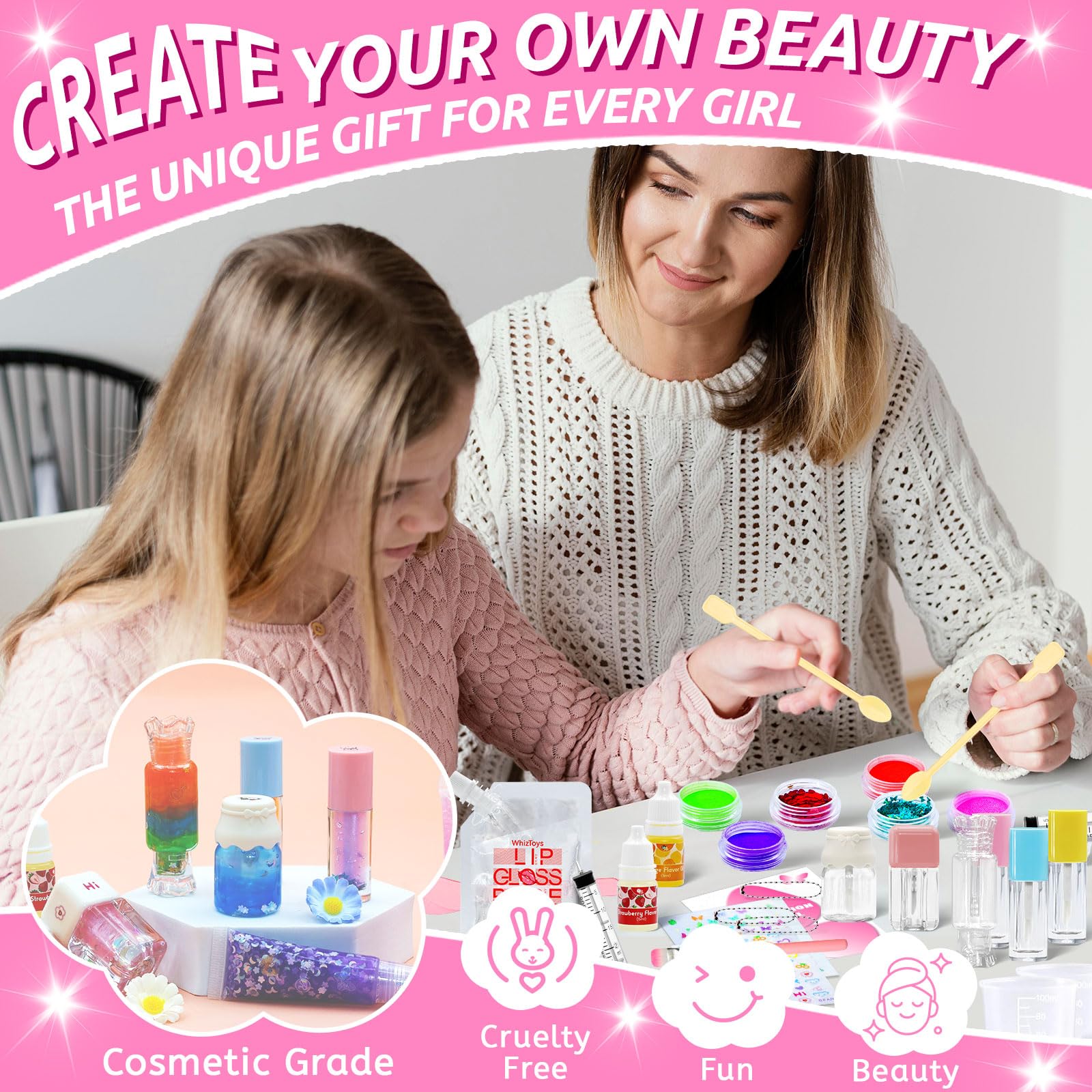 WhizToys 74PCS DIY Lip Gloss Making Kit – Create Your Own Shimmer Lip Glosses (200ml Base)