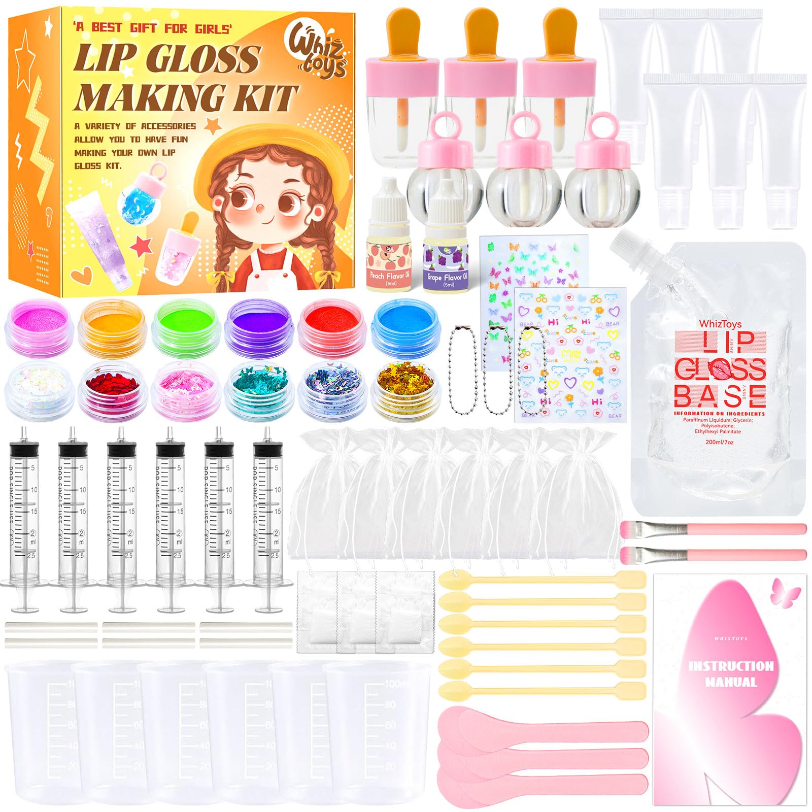 WhizToys DIY Lip Gloss Making Kit | Create Custom Glosses with 200ml Base & 12 Tubes