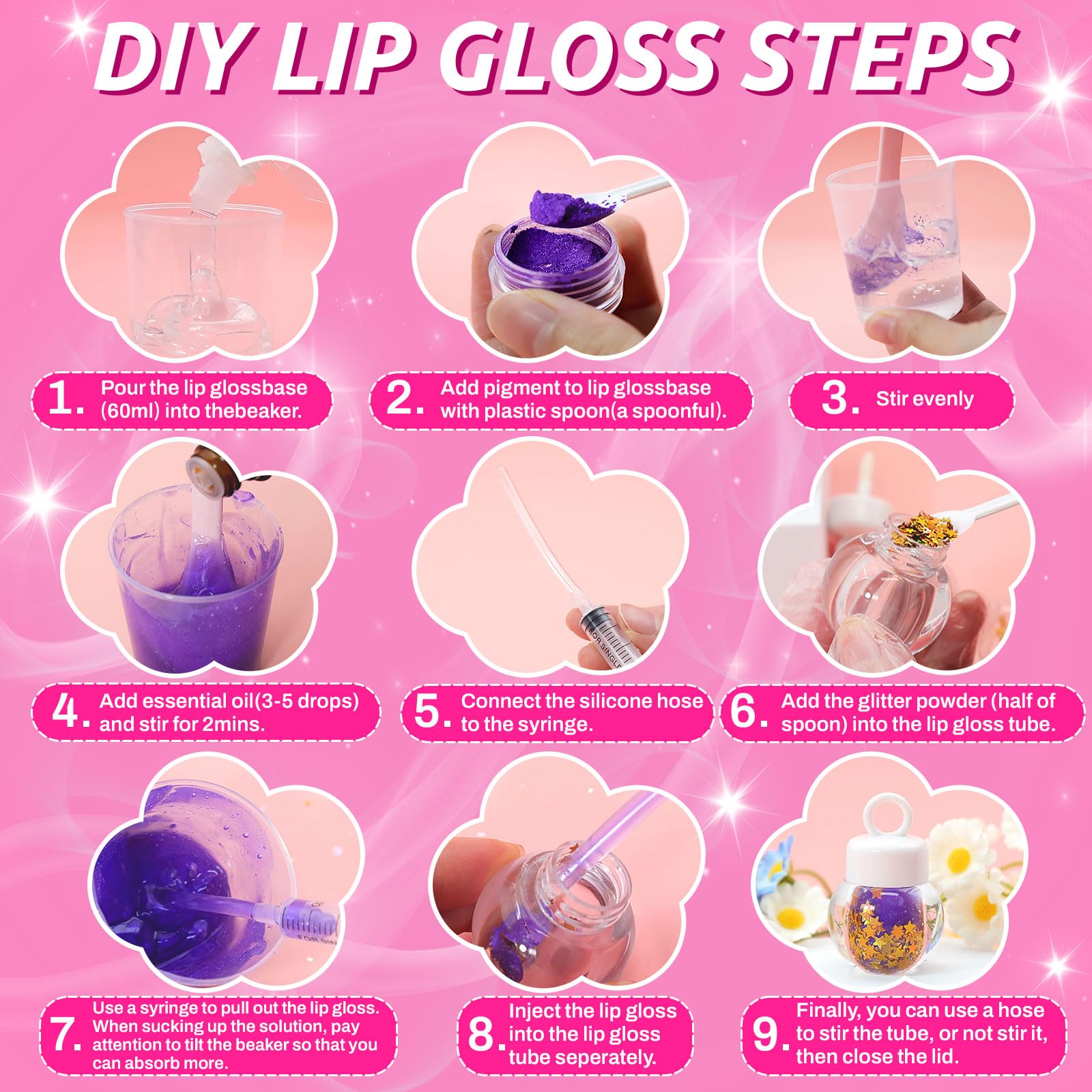 WhizToys 74PCS DIY Lip Gloss Making Kit – Create Your Own Shimmer Lip Glosses (200ml Base)