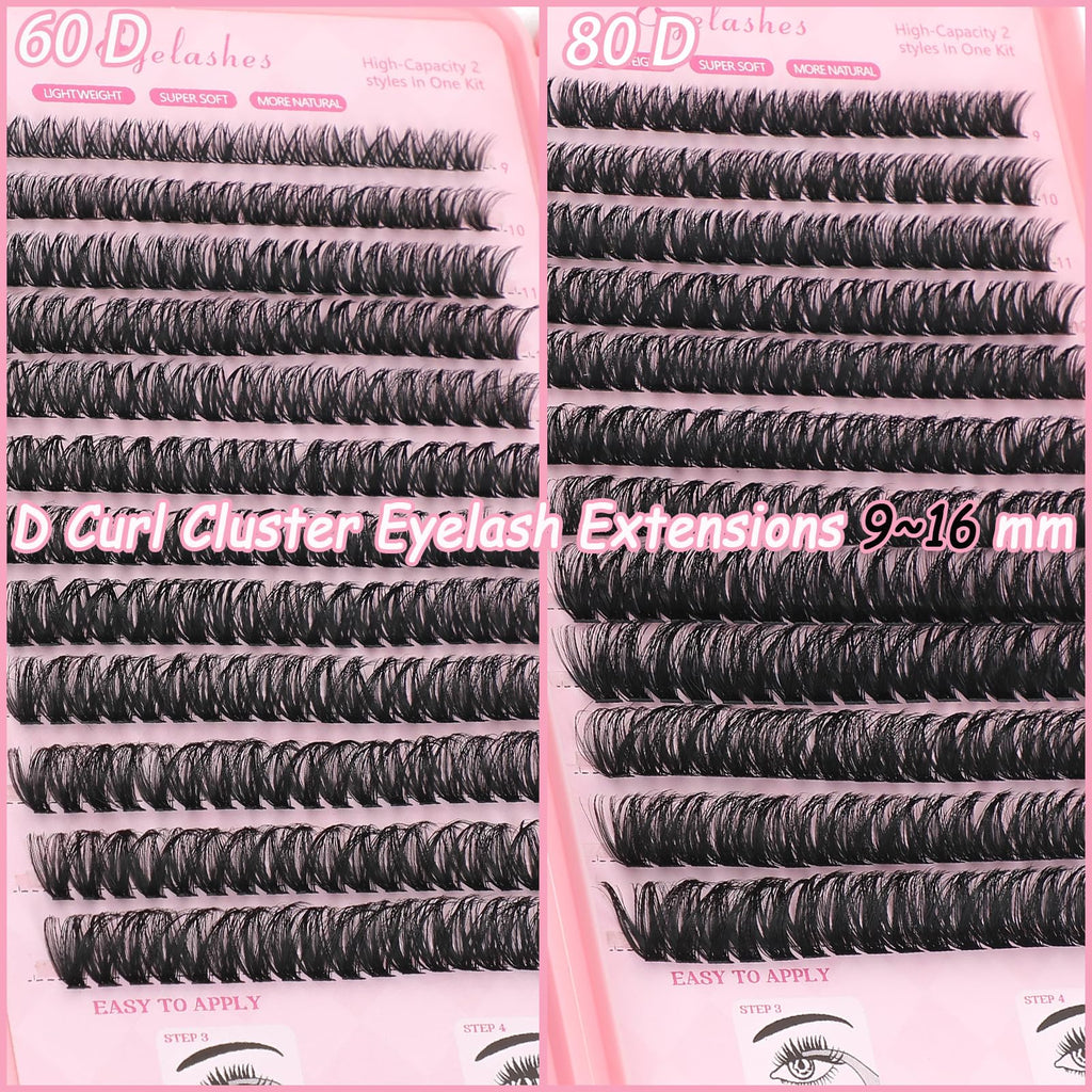 WIGICD Lash Clusters Kit 60D+80D 9-16mm DIY Lash Extensions – 480 Pcs, D Curl, Soft Band