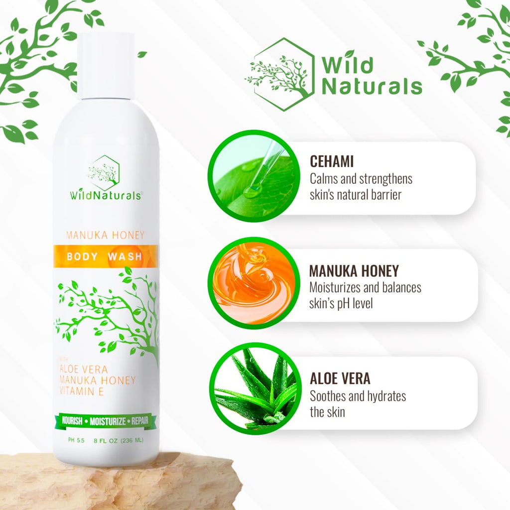Wild Naturals Manuka Honey Body Wash – Organic, Sulfate-Free for Eczema & Psoriasis