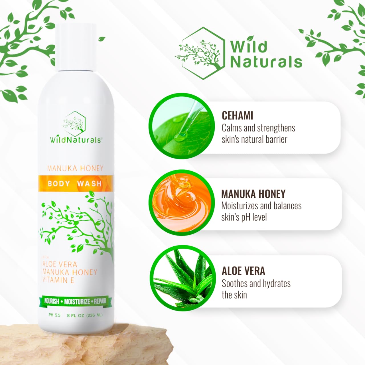 Wild Naturals Manuka Honey Body Wash – Organic, Sulfate-Free for Eczema & Psoriasis