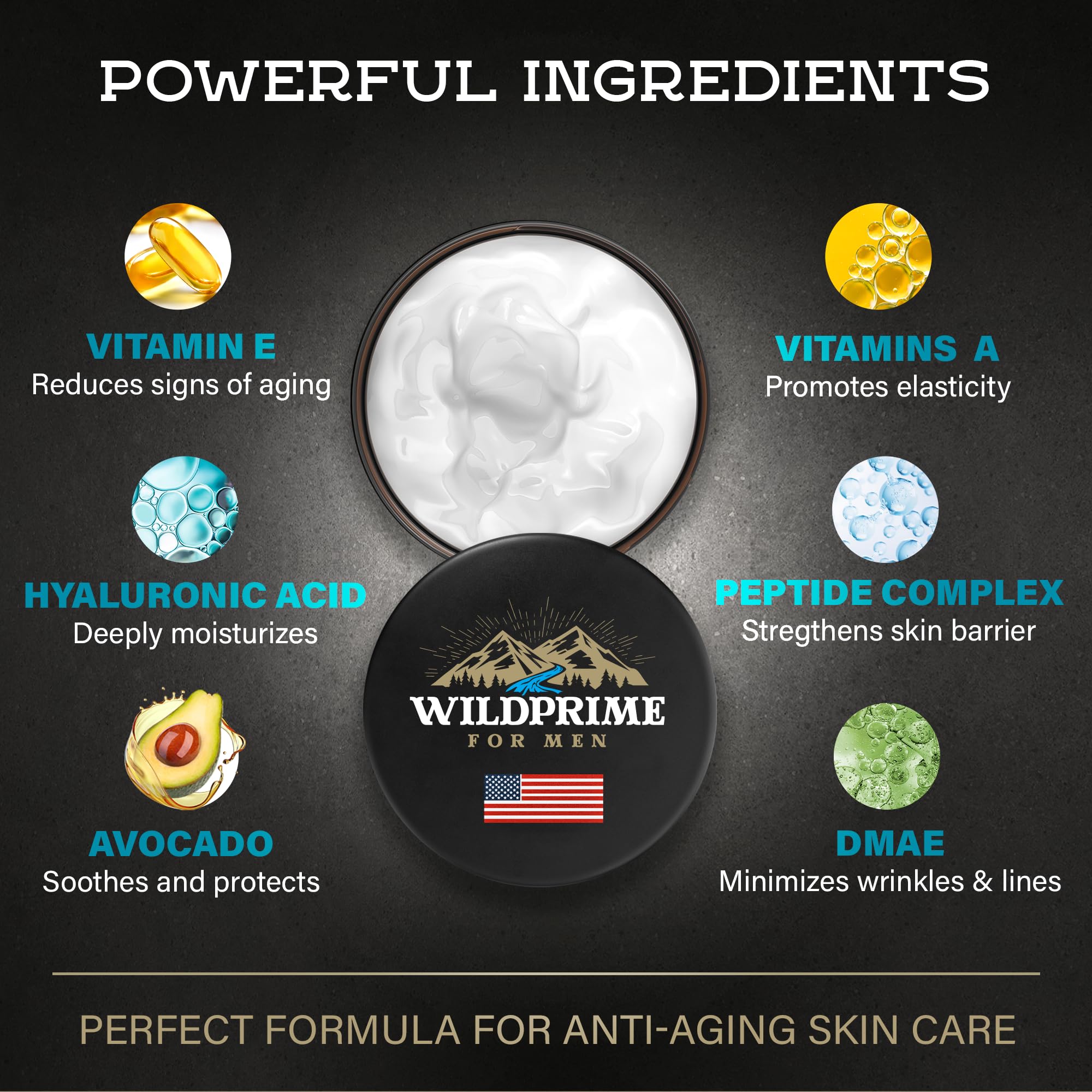 WildPRIME Men's Face Moisturizer Cream – Anti-Aging, Hyaluronic Acid, Avocado Oil – 4 oz USA Made