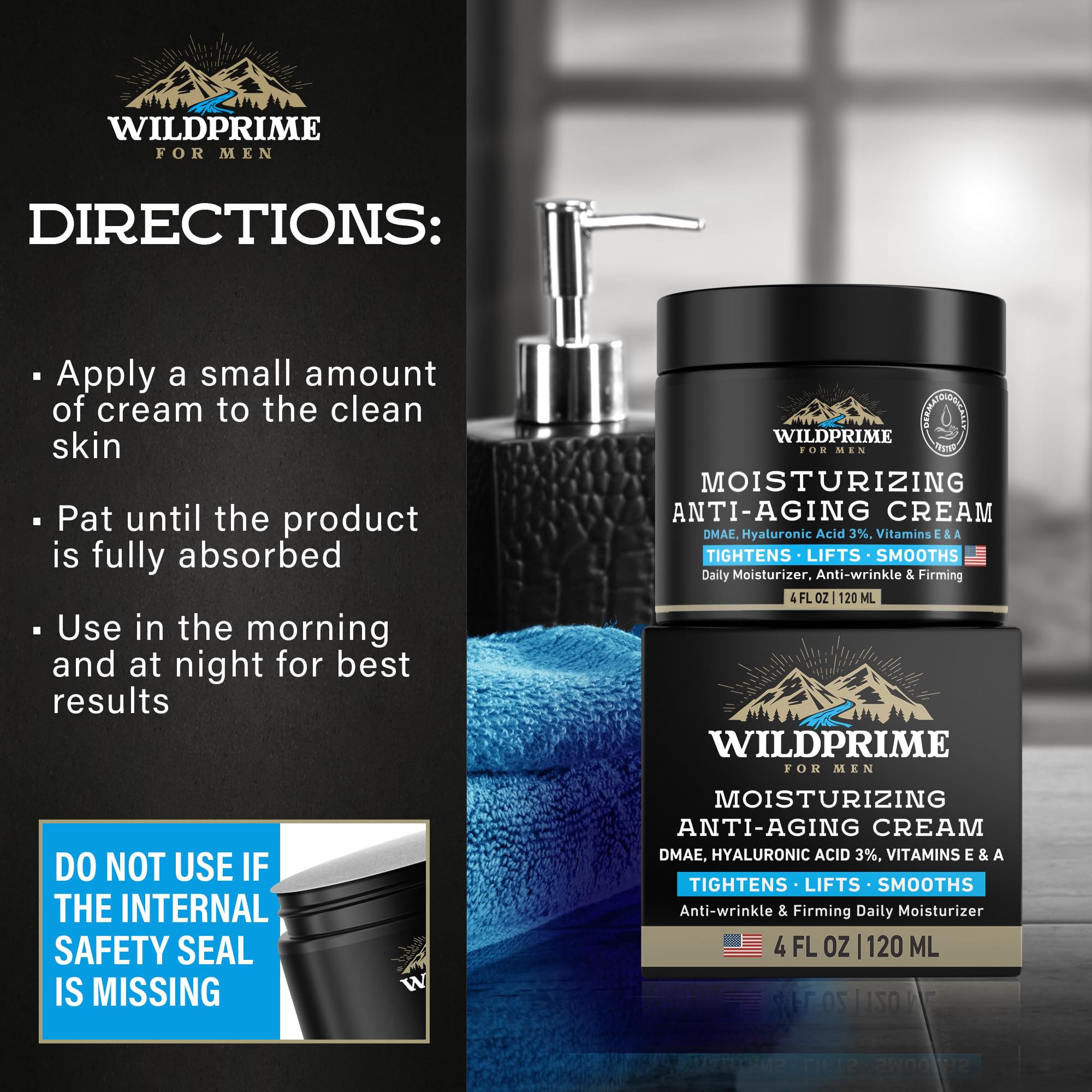 WildPRIME Men's Face Moisturizer Cream – Anti-Aging, Hyaluronic Acid, Avocado Oil – 4 oz USA Made