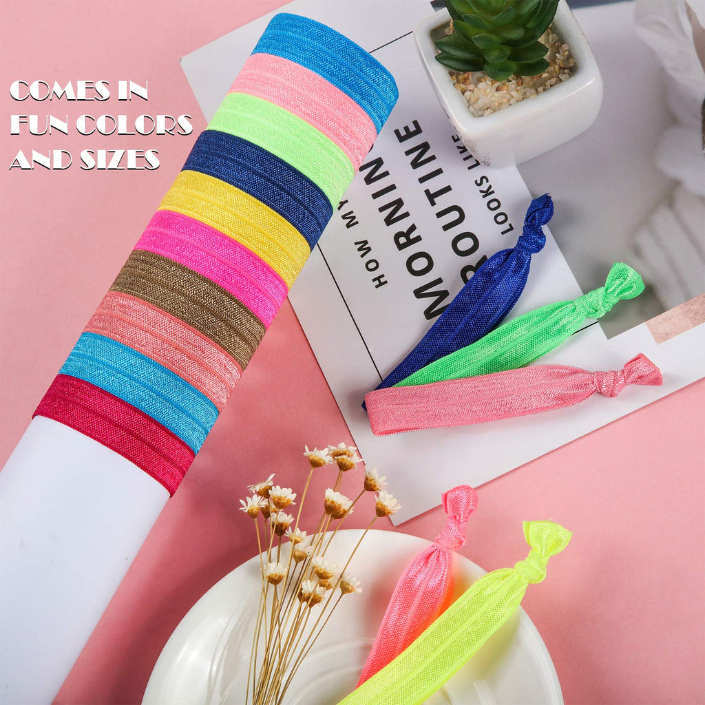 WILLBOND 200 Pieces Elastic Knotted Hair Ties – Colorful Fold-Over No Crease Ponytail Holders for Women