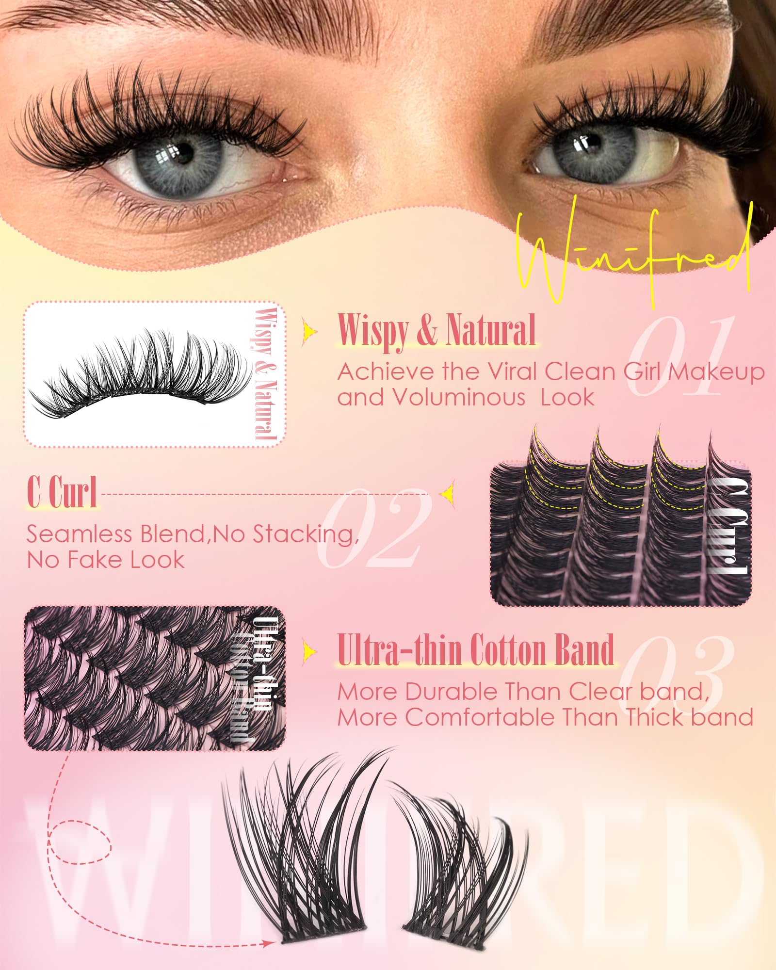 Winifred Lash Clusters Kit – Wispy Natural Lashes, DIY 10-16mm C-Curve