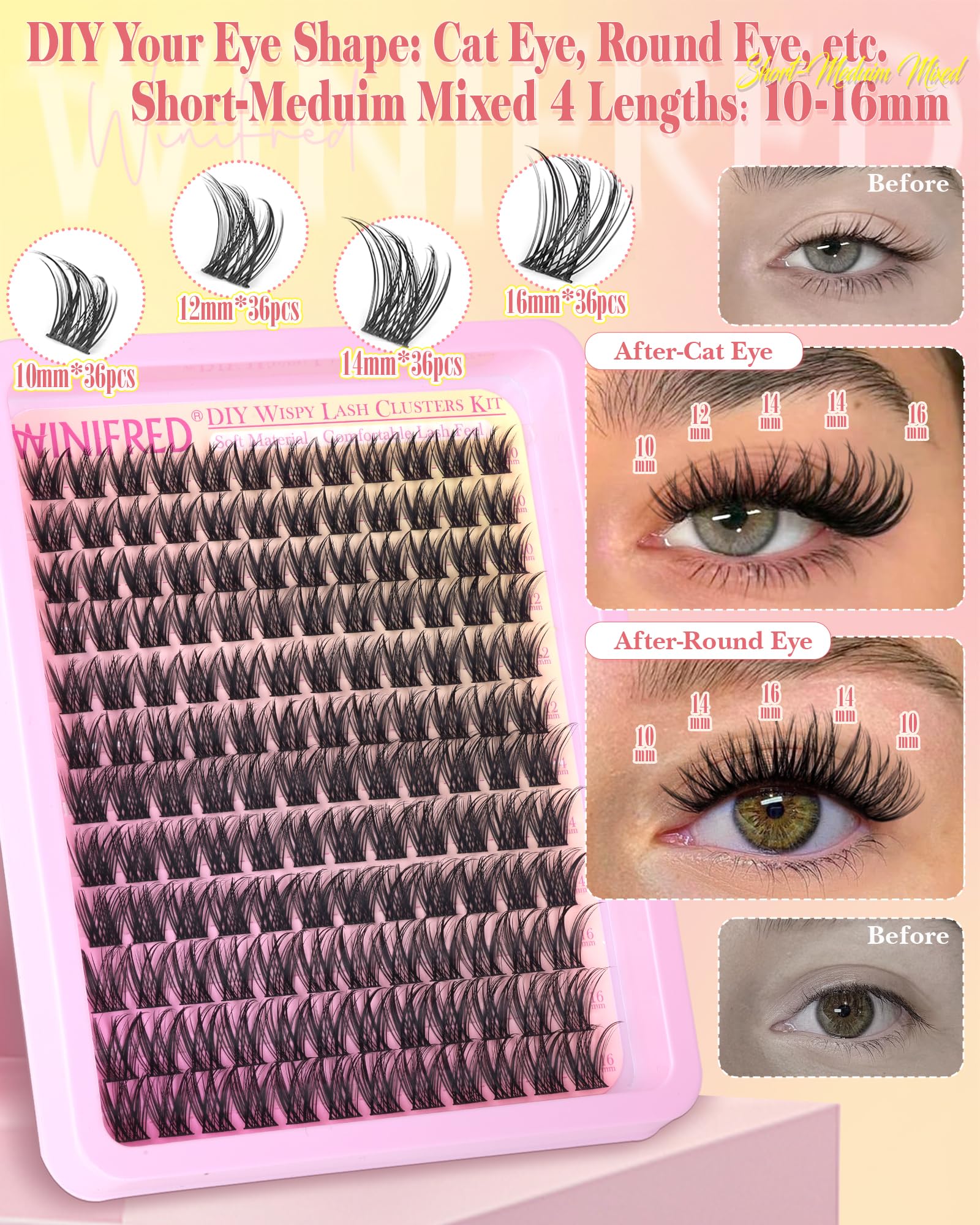 Winifred Lash Clusters Kit – Wispy Natural Lashes, DIY 10-16mm C-Curve