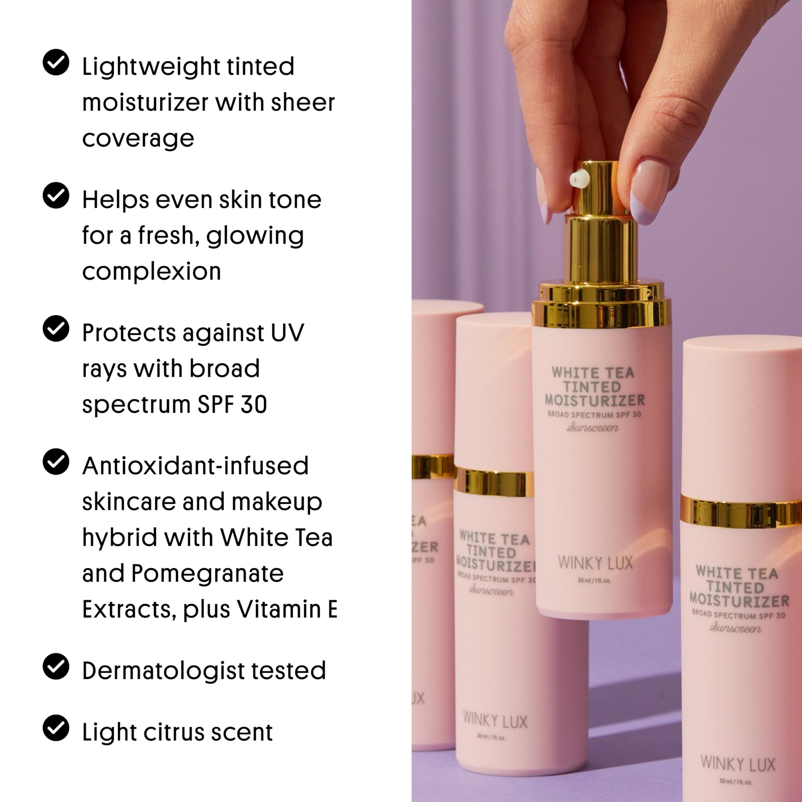 Winky Lux White Tea Tinted Moisturizer SPF 30 (Medium) – Buildable Coverage & Lightweight Face Sunscreen