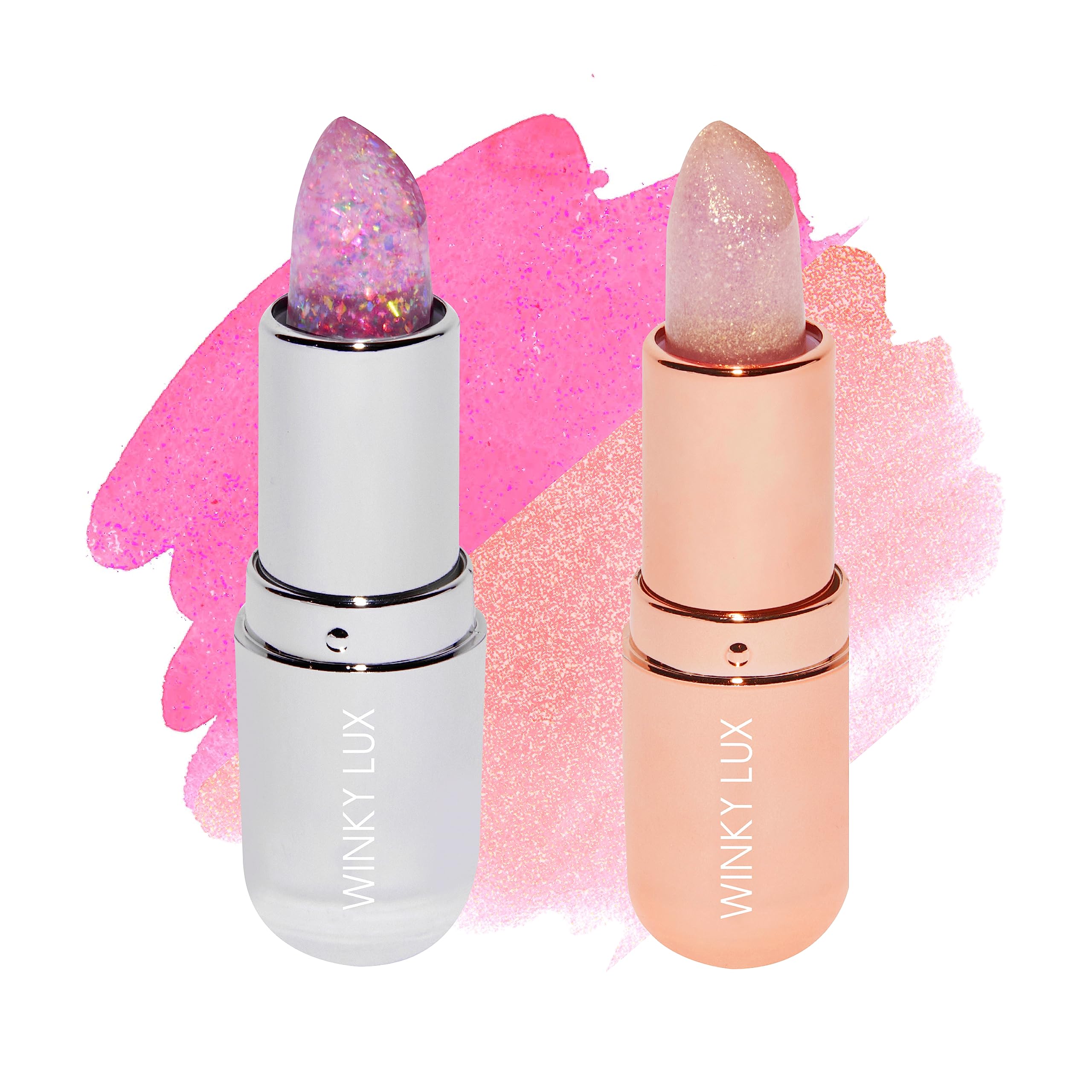 Winky Lux Lavender Glitter Confetti Balm & Rosé Glimmer Balm Duo – pH-Activated Lip Balms with Color-Changing Pink Tint