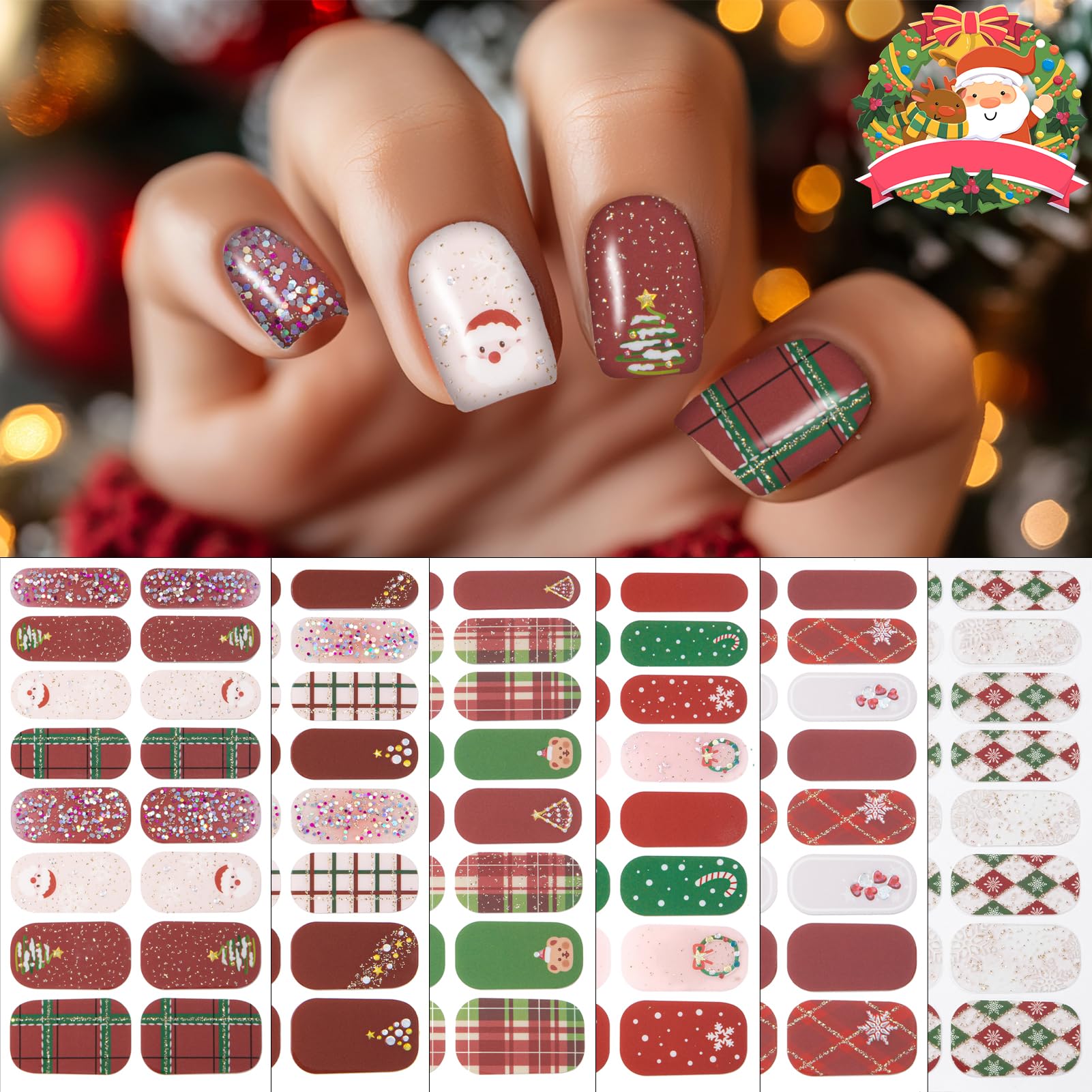 Winthrop 6 Sheets Christmas Nail Wraps — Glitter Grid Nail Art, Self-Adhesive Xmas Decals (+1 Nail File)