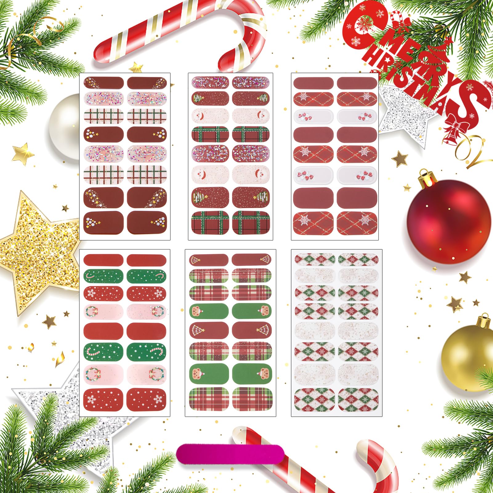 Winthrop 6 Sheets Christmas Nail Wraps — Glitter Grid Nail Art, Self-Adhesive Xmas Decals (+1 Nail File)
