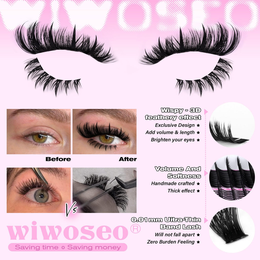 wiwoseo Bottom Lash Clusters with Spikes Kit | 200D D-Curl Lash Extensions, Bond & Seal, Beginner Friendly