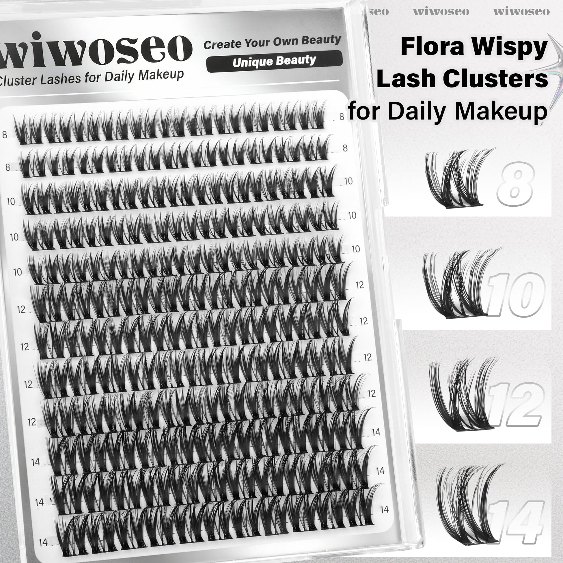 wiwoseo Flaunt Flora Lash Clusters Kit – Natural Wispy 8-14mm Lash Extensions for Daily Glam