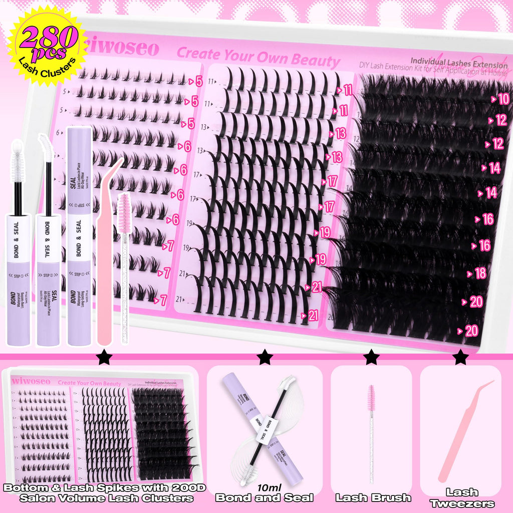 wiwoseo Bottom Lash Clusters with Spikes Kit | 200D D-Curl Lash Extensions, Bond & Seal, Beginner Friendly