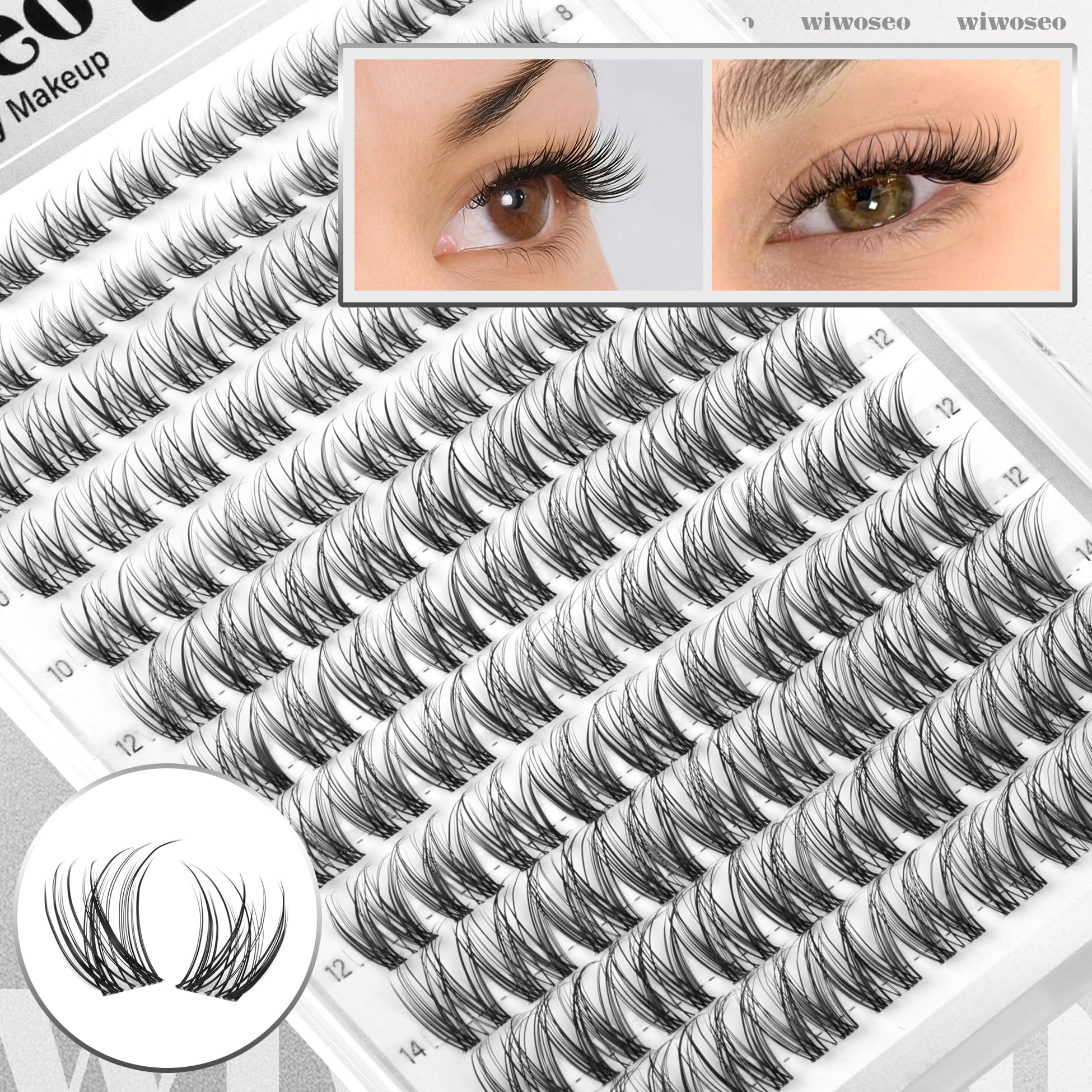 wiwoseo Flaunt Lash Clusters Kit – Natural D-Curl Wispy Lashes 8-14mm for Beginners