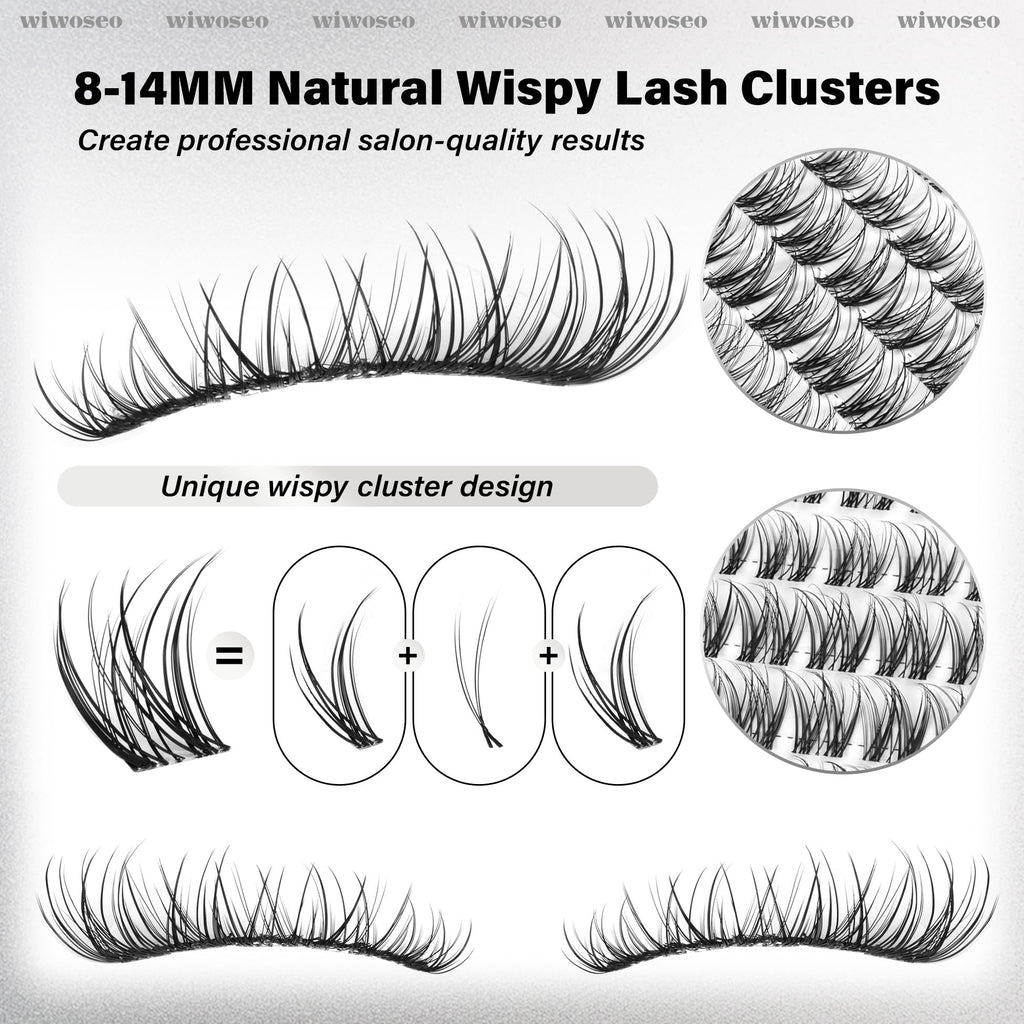 wiwoseo Flaunt Lash Clusters Kit – Natural D-Curl Wispy Lashes 8-14mm for Beginners