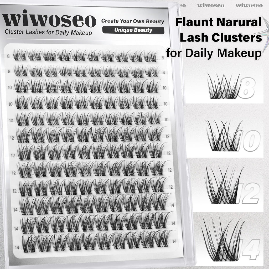 wiwoseo Flaunt Lash Clusters Kit – Natural D-Curl Wispy Lashes 8-14mm for Beginners