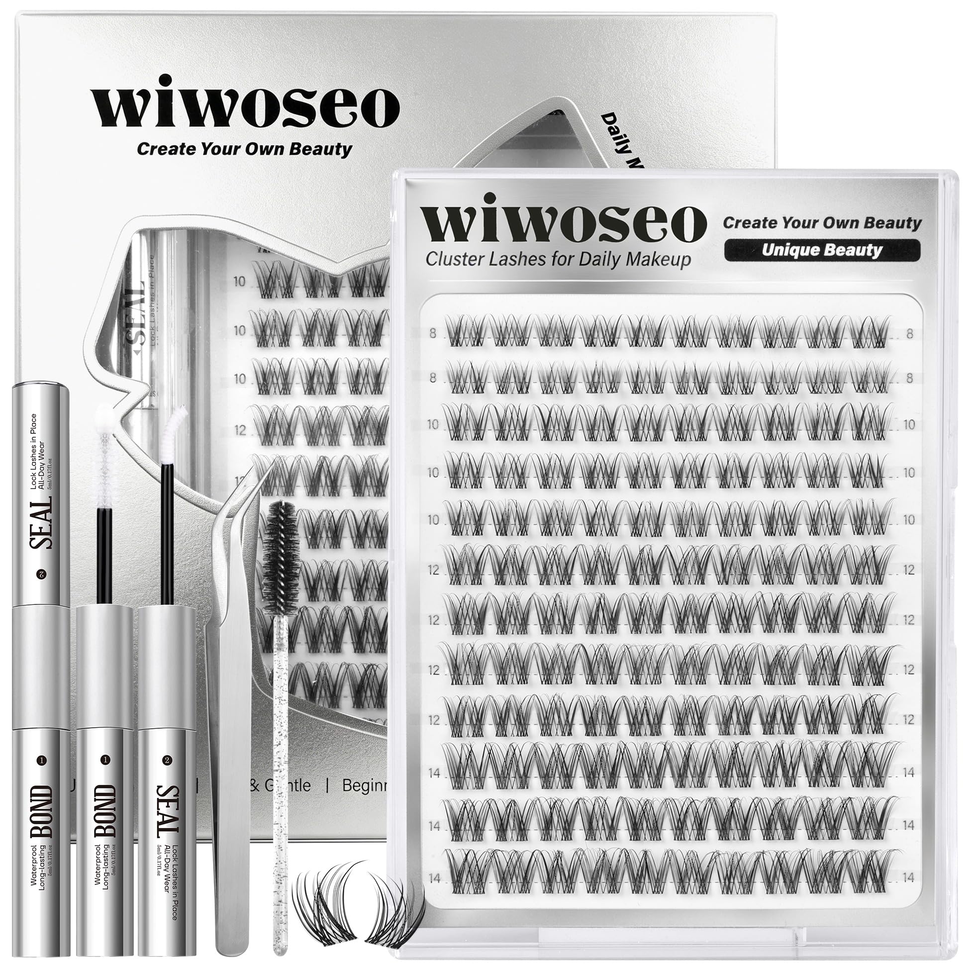 wiwoseo Flaunt Lash Clusters Kit – Natural D-Curl Wispy Lashes 8-14mm for Beginners