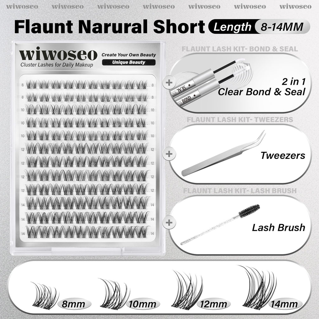 wiwoseo Flaunt Lash Clusters Kit – Natural D-Curl Wispy Lashes 8-14mm for Beginners