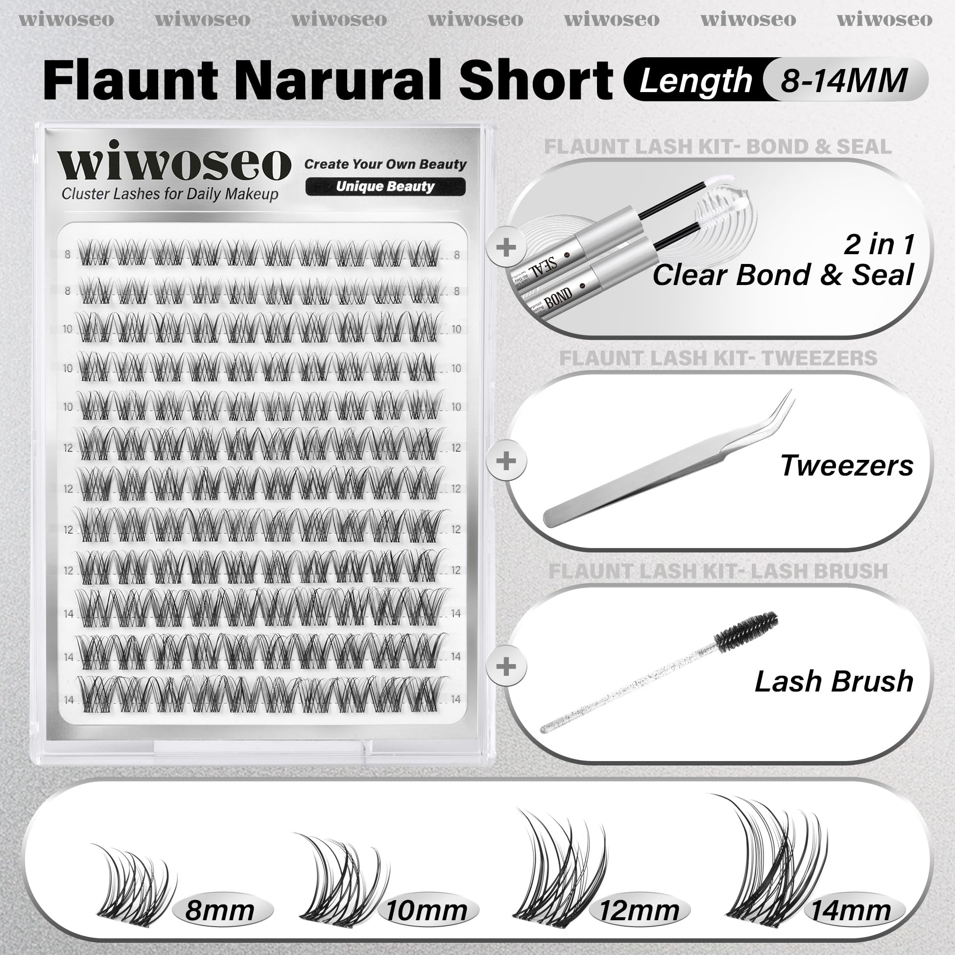 wiwoseo Flaunt Lash Clusters Kit – Natural D-Curl Wispy Lashes 8-14mm for Beginners