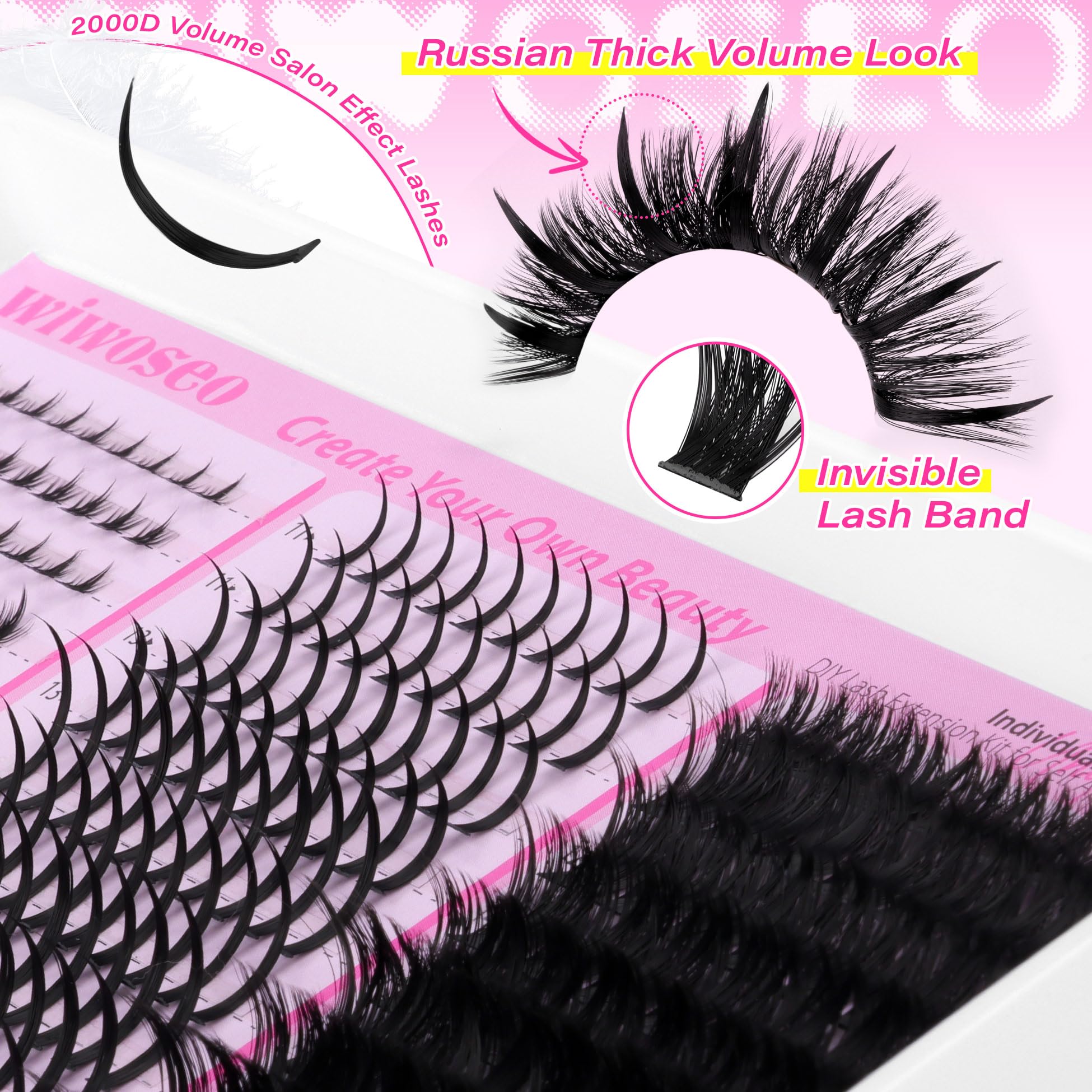 wiwoseo Bottom Lash Clusters with Spikes Kit | 200D D-Curl Lash Extensions, Bond & Seal, Beginner Friendly