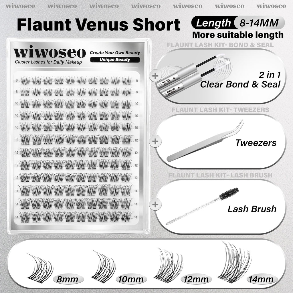 wiwoseo Flaunt Short Lash Clusters Kit – Venus Wispy Lashes, 8-14mm, C-Curl Extensions