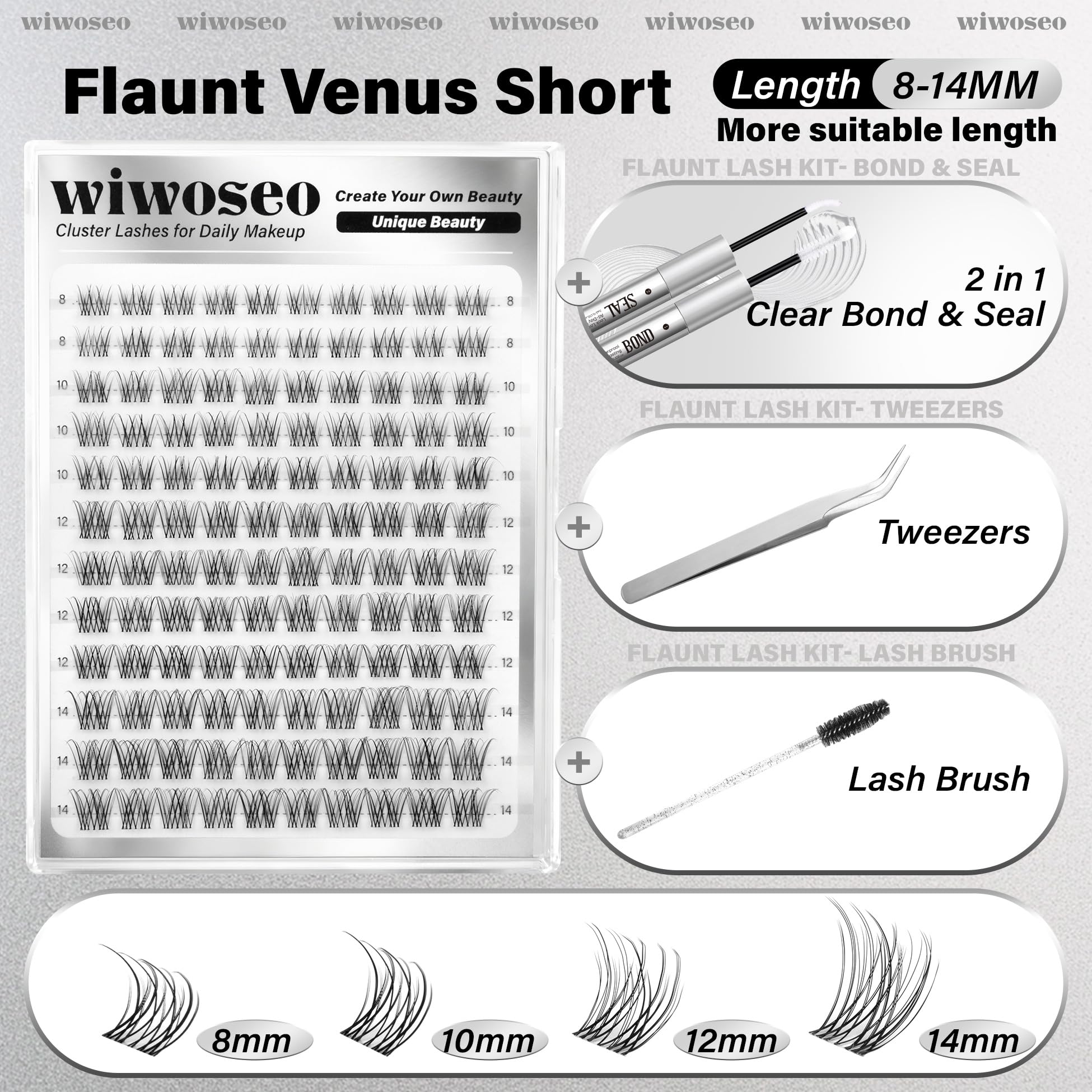 wiwoseo Flaunt Short Lash Clusters Kit – Venus Wispy Lashes, 8-14mm, C-Curl Extensions