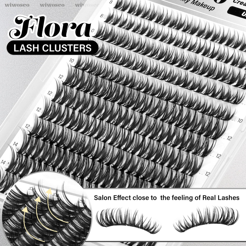 wiwoseo Flaunt Flora Lash Clusters Kit – Natural Wispy 8-14mm Lash Extensions for Daily Glam