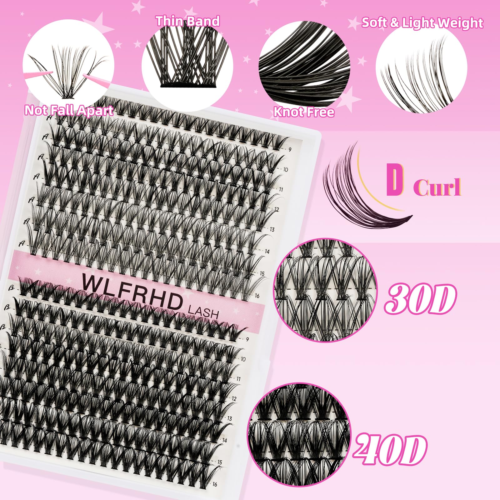 WLFRHD Lash Clusters Kit 320 Pcs – D Curl DIY Natural Wispy Lashes, Bond & Seal, Remover & Tweezers