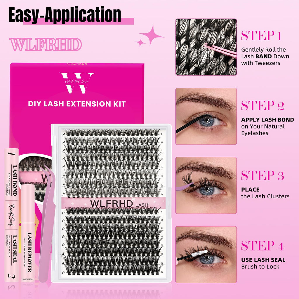 WLFRHD Lash Clusters Kit 320 Pcs – D Curl DIY Natural Wispy Lashes, Bond & Seal, Remover & Tweezers