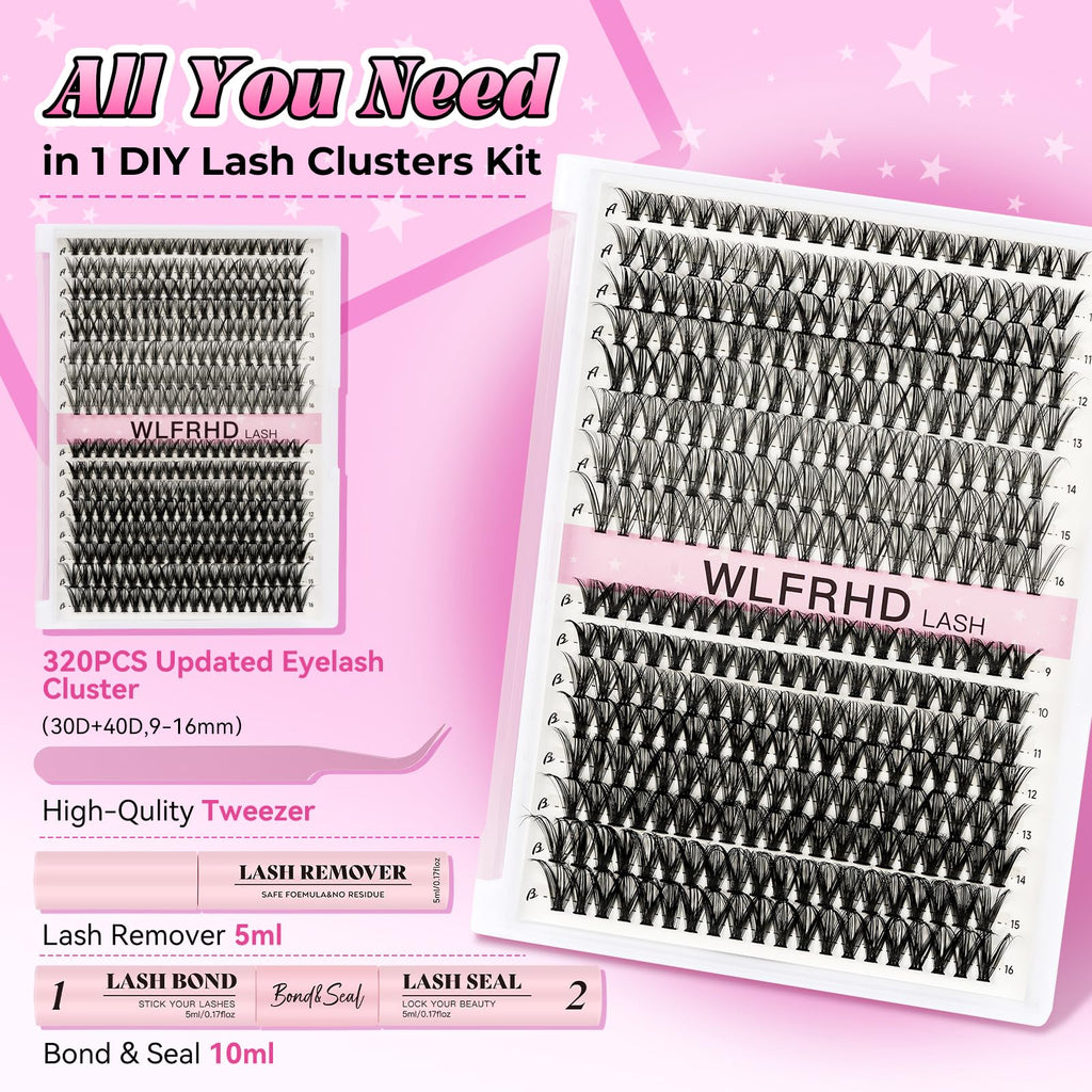 WLFRHD Lash Clusters Kit 320 Pcs – D Curl DIY Natural Wispy Lashes, Bond & Seal, Remover & Tweezers