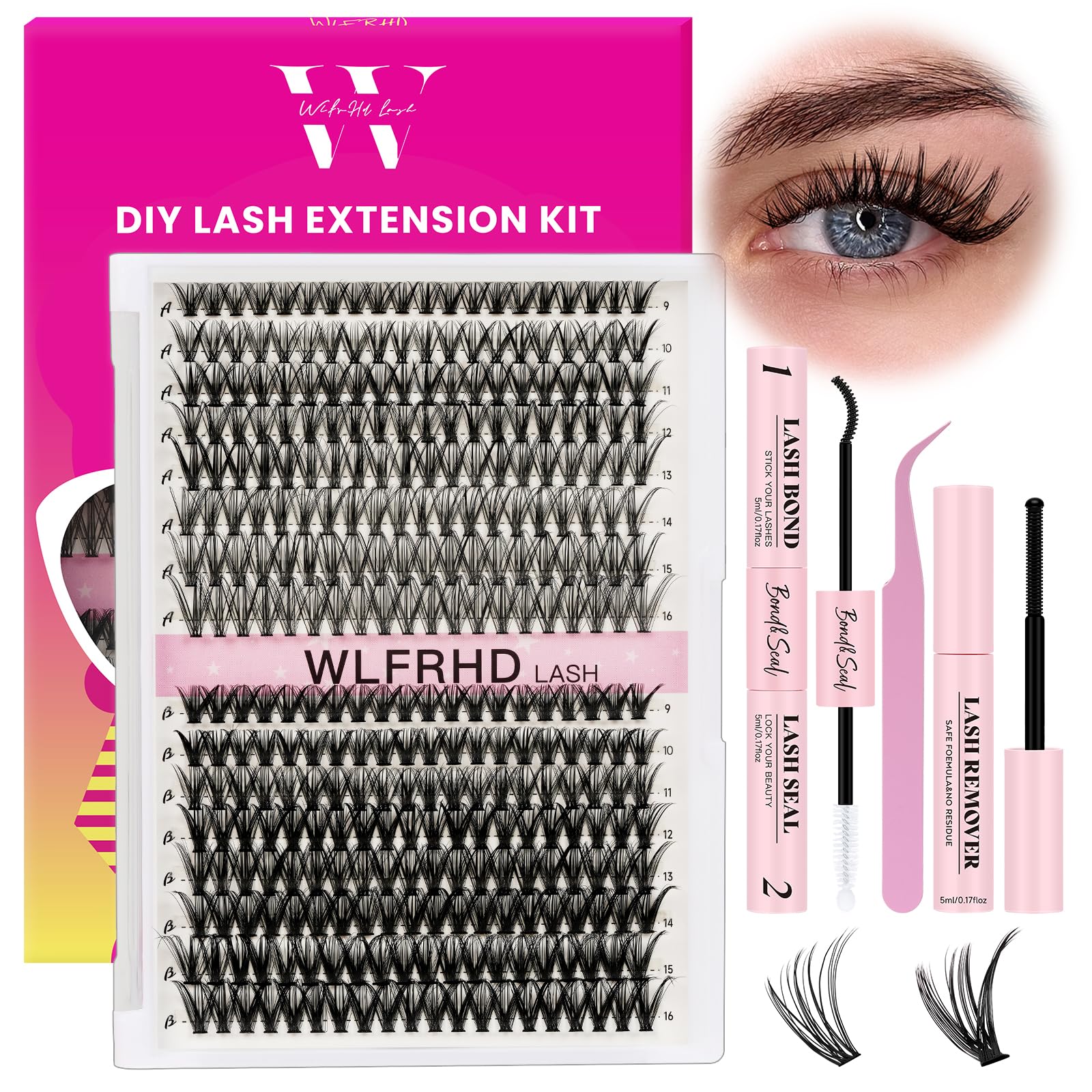 WLFRHD Lash Clusters Kit 320 Pcs – D Curl DIY Natural Wispy Lashes, Bond & Seal, Remover & Tweezers
