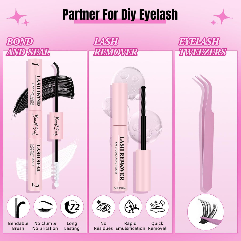 WLFRHD Lash Clusters Kit 320 Pcs – D Curl DIY Natural Wispy Lashes, Bond & Seal, Remover & Tweezers