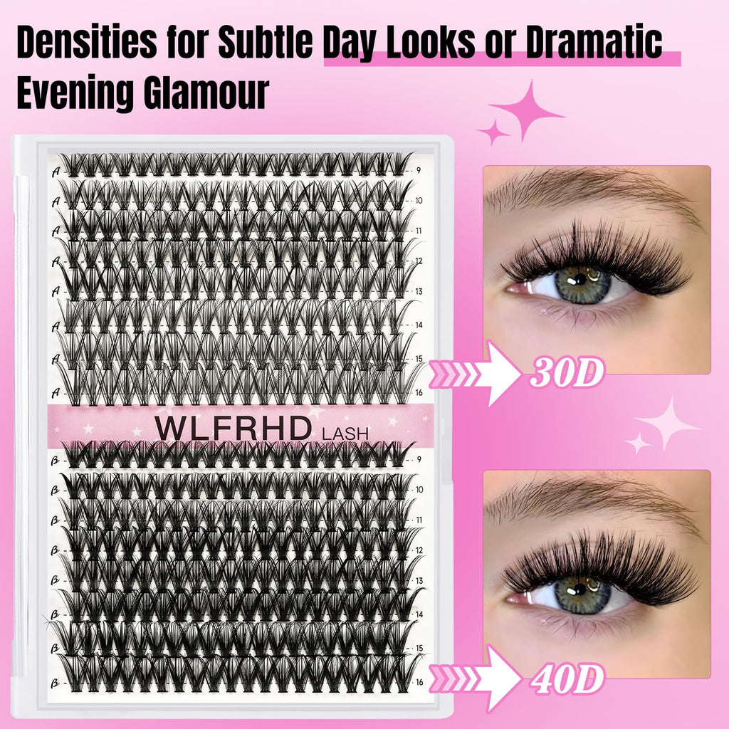 WLFRHD Lash Clusters Kit 320 Pcs – D Curl DIY Natural Wispy Lashes, Bond & Seal, Remover & Tweezers
