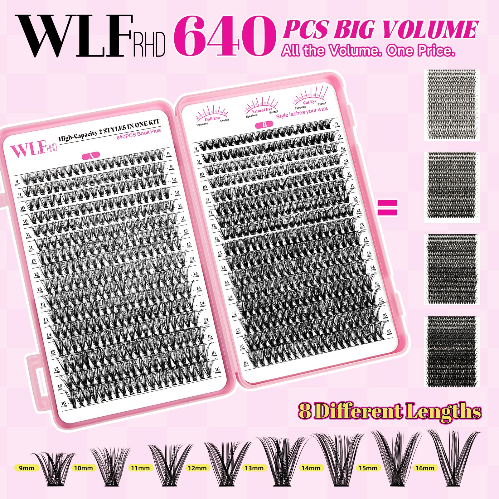 WLFRHD WLF Lash Clusters Kit – 640 Pcs 30D+40D D-Curl Eyelash Extensions Kit with Bond, Seal, Remover, Tweezers & Brush