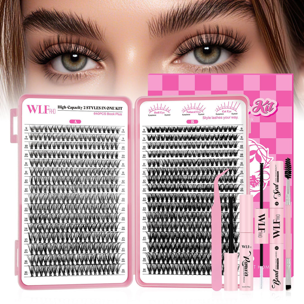 WLFRHD WLF Lash Clusters Kit – 640 Pcs 30D+40D D-Curl Eyelash Extensions Kit with Bond, Seal, Remover, Tweezers & Brush