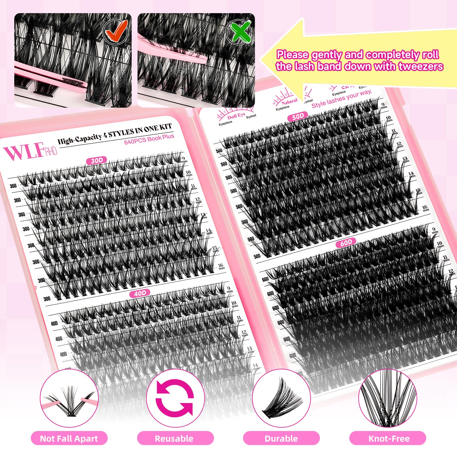 WLFRHD WLF Lash Clusters – 640 Pcs, 4 Styles, 9–16mm D-Curl Wispy Lashes