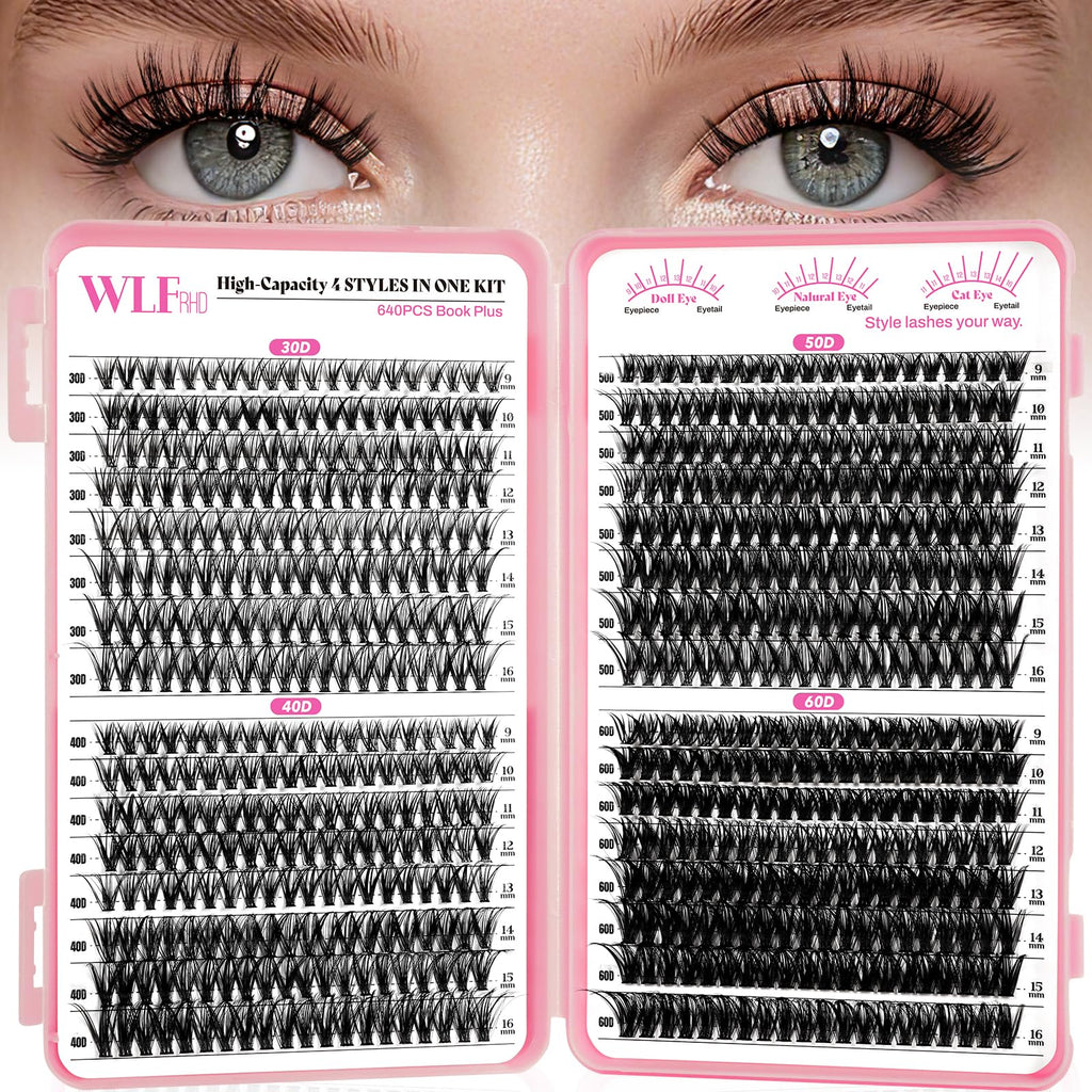 WLFRHD WLF Lash Clusters – 640 Pcs, 4 Styles, 9–16mm D-Curl Wispy Lashes