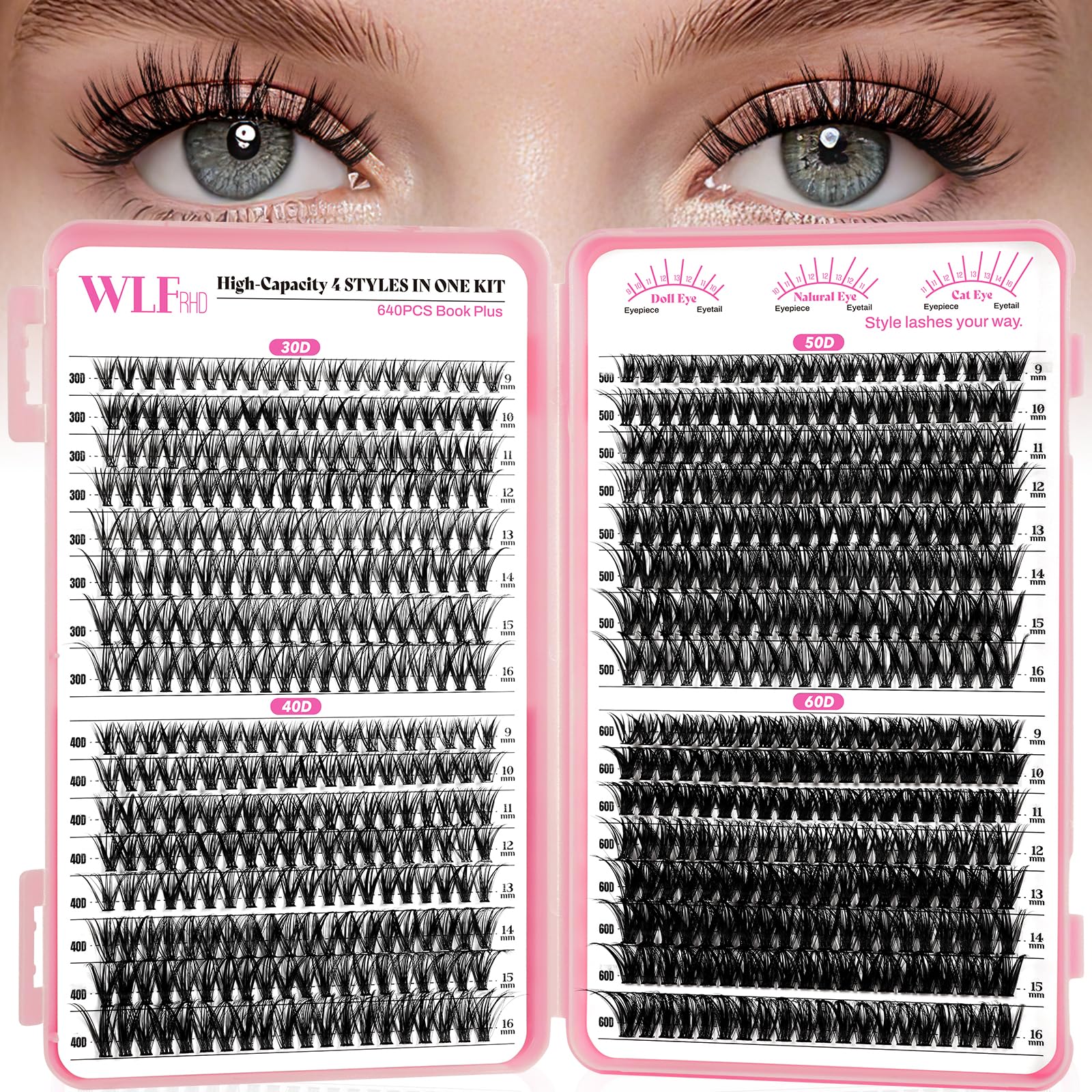 WLFRHD WLF Lash Clusters – 640 Pcs, 4 Styles, 9–16mm D-Curl Wispy Lashes