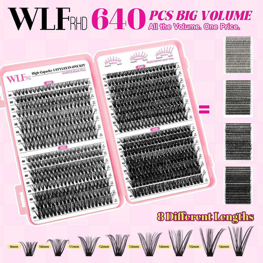WLFRHD WLF Lash Clusters – 640 Pcs, 4 Styles, 9–16mm D-Curl Wispy Lashes