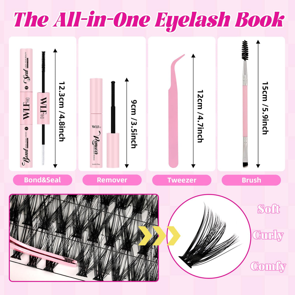 WLFRHD WLF Lash Clusters Kit – 640 Pcs 30D+40D D-Curl Eyelash Extensions Kit with Bond, Seal, Remover, Tweezers & Brush