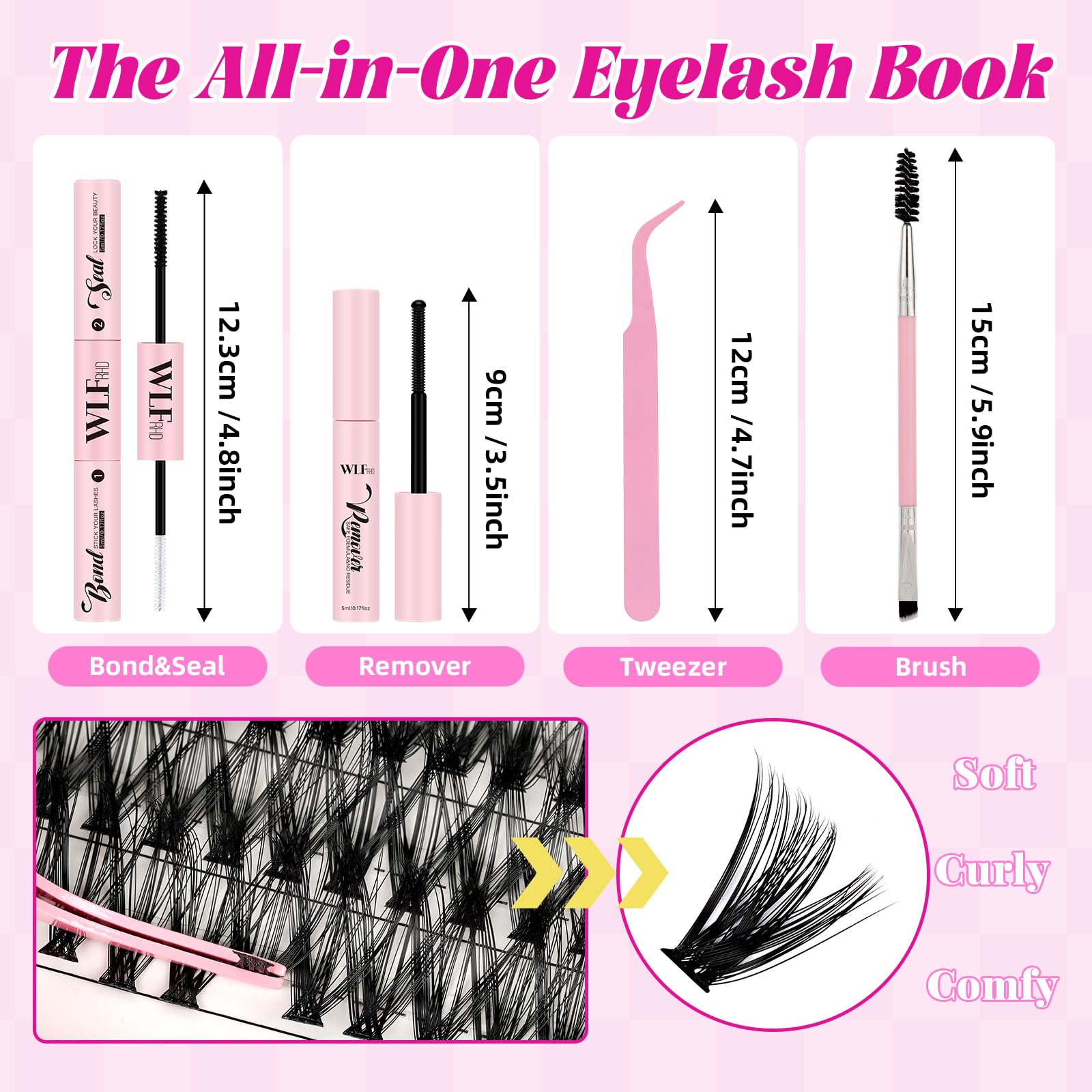 WLFRHD WLF Lash Clusters Kit – 640 Pcs 30D+40D D-Curl Eyelash Extensions Kit with Bond, Seal, Remover, Tweezers & Brush