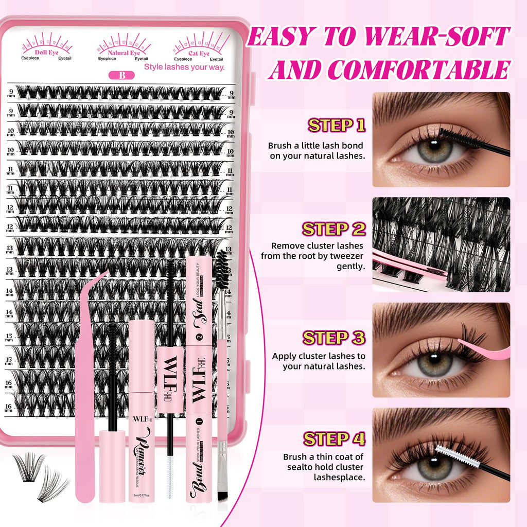 WLFRHD WLF Lash Clusters Kit – 640 Pcs 30D+40D D-Curl Eyelash Extensions Kit with Bond, Seal, Remover, Tweezers & Brush