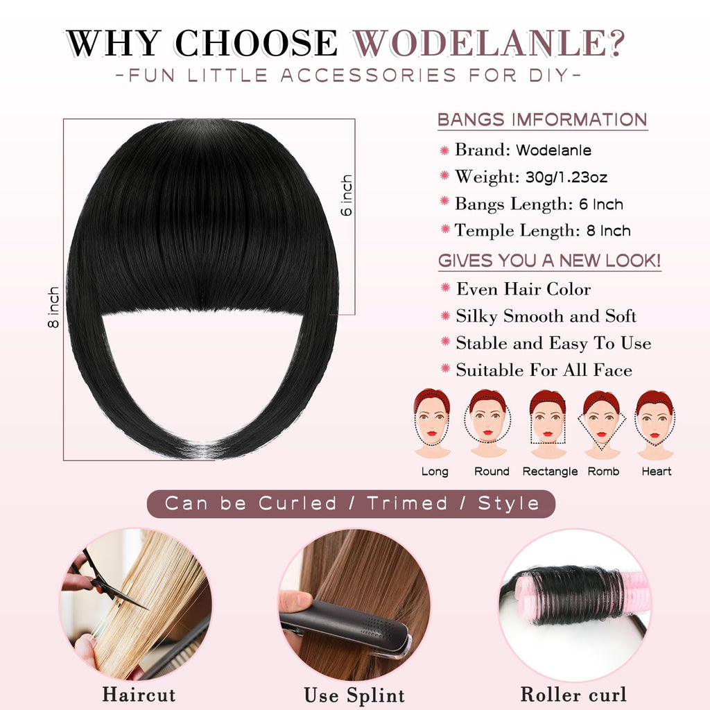 Wodelanle Clip-in Bangs - Natural Dark Black French Fringe with Temples
