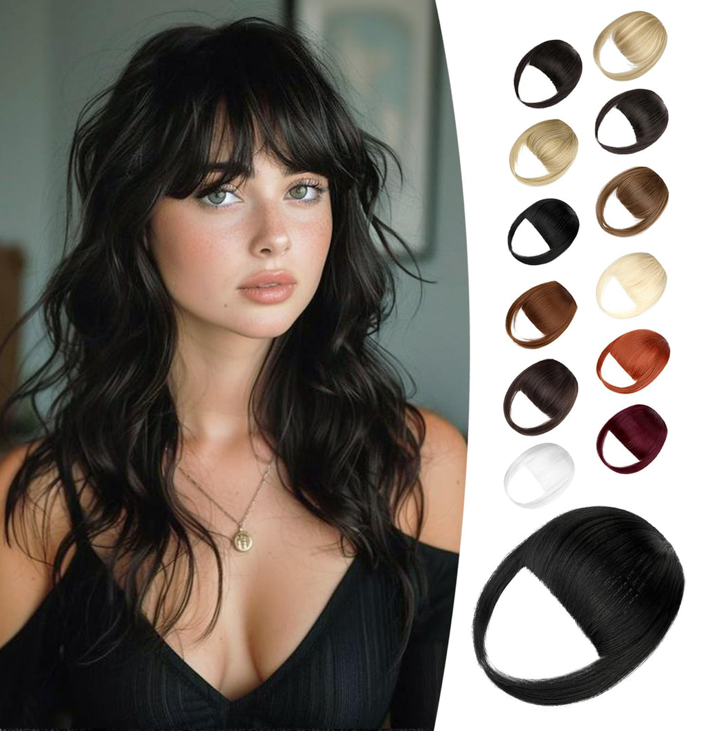 Wodelanle Clip-in Bangs - Natural Dark Black French Fringe with Temples
