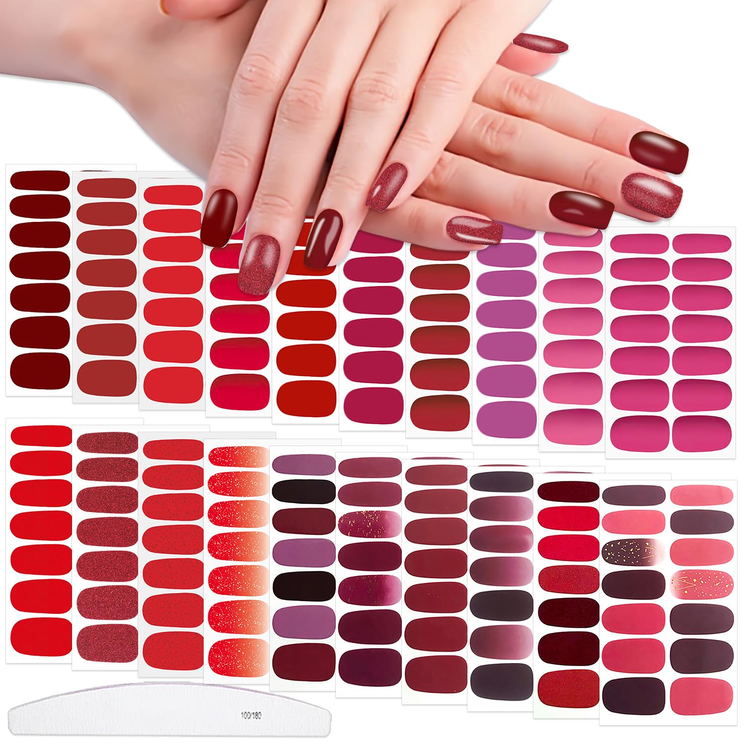 WOKOTO 20 Sheets Red Solid & Gradient Nail Polish Wraps – Easy Peel Semi-Gloss Nail Stickers