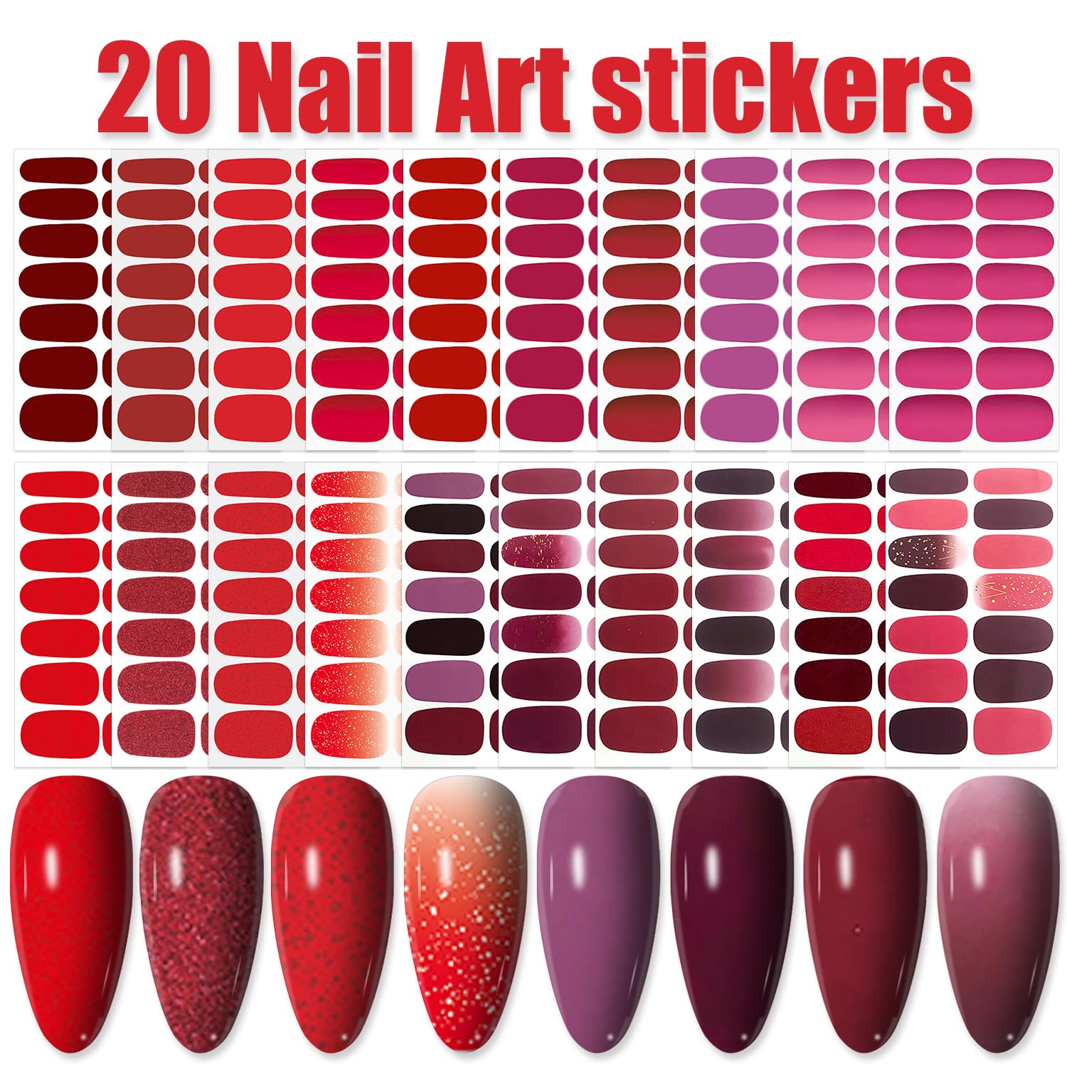 WOKOTO 20 Sheets Red Solid & Gradient Nail Polish Wraps – Easy Peel Semi-Gloss Nail Stickers
