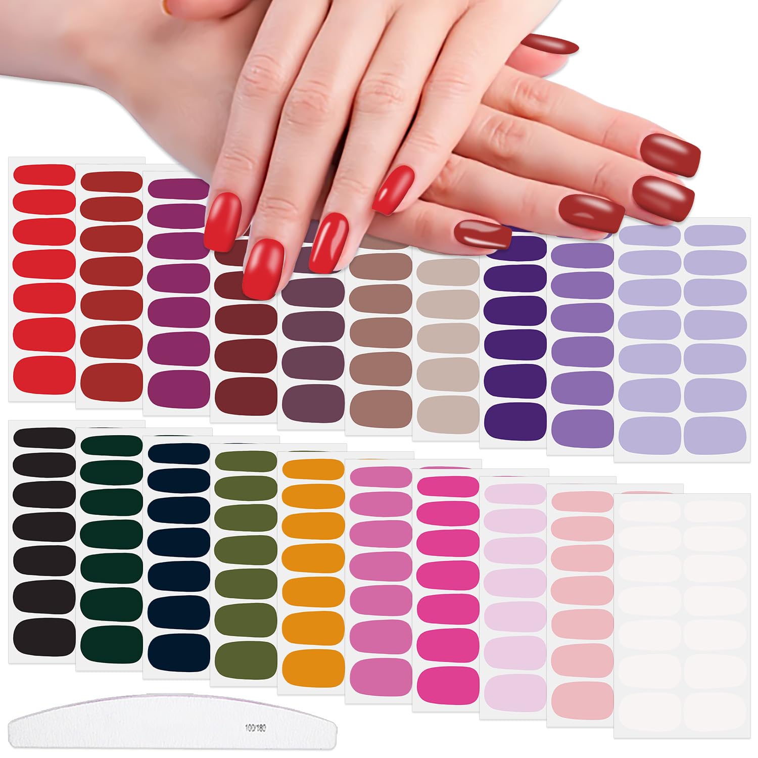 WOKOTO 20 Sheets Solid Nail Polish Strips – Mix-Color Designs, 7 Sizes, Nail File Kit
